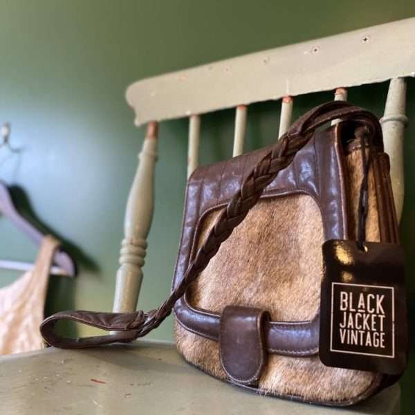 1970s Leather & Hide Braided Shoulder Strap Vintage Bag.