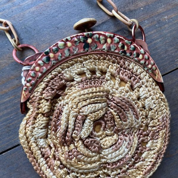 Antique 1920s Floral Celluloid Clasp Crochet Bag. - Image 3