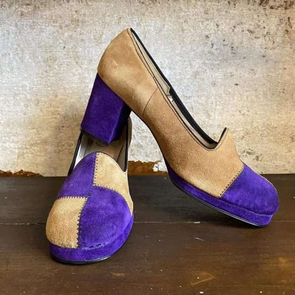 1970s ‘Lotus’ Patchwork Suede Block Heel Vintage Shoes. UK 6/EU 39.