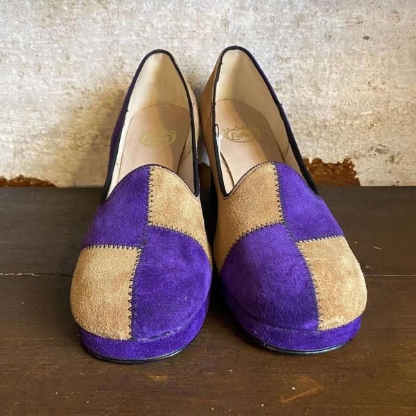 1970s ‘Lotus’ Patchwork Suede Block Heel Vintage Shoes. UK 6/EU 39. - Image 3