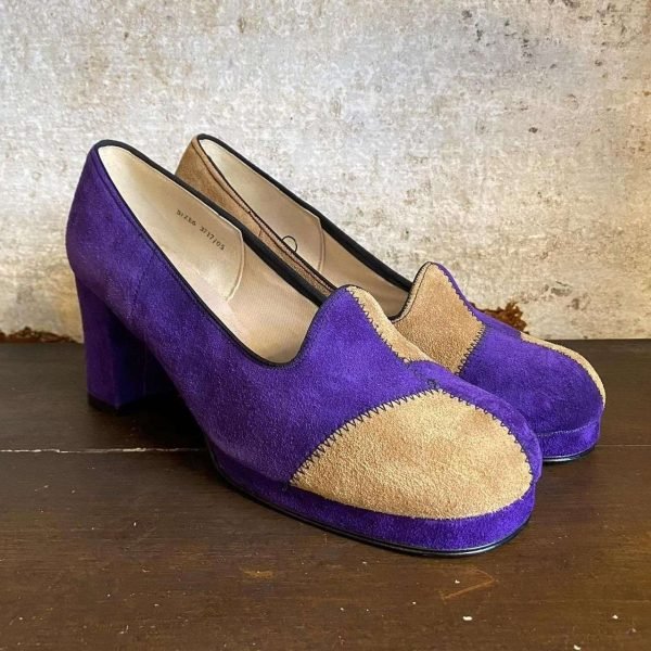 1970s ‘Lotus’ Patchwork Suede Block Heel Vintage Shoes. UK 6/EU 39. - Image 2