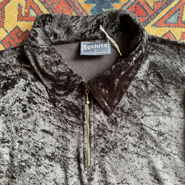 Early 1990s ‘Suchita’ Crushed Velour Quarter Zip Vintage Top. UK 12. - Image 3