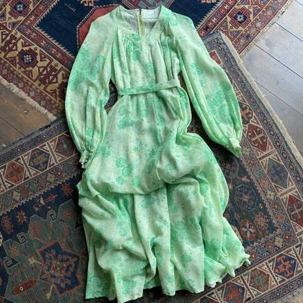 1970s Floral Gauze Overlay Vintage Maxi Dress. UK 12.