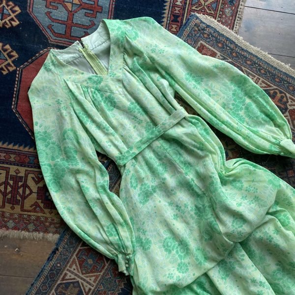 1970s Floral Gauze Overlay Vintage Maxi Dress. UK 12. - Image 3