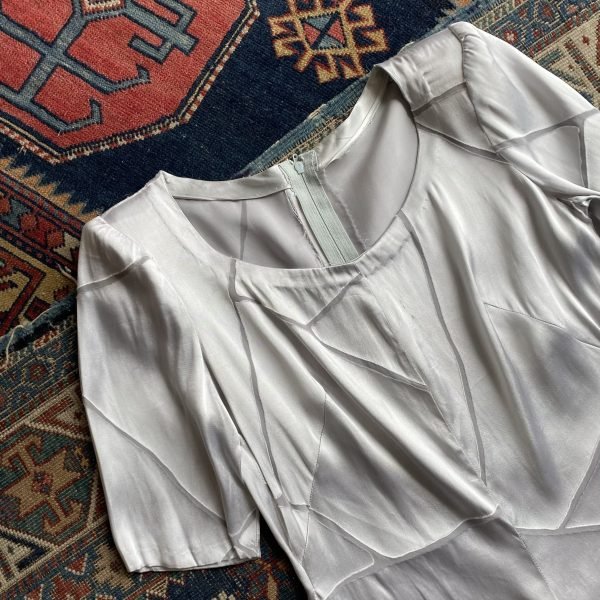 1980s Silver Satin Zip Back Vintage Blouse. XS/UK 8. - Image 2