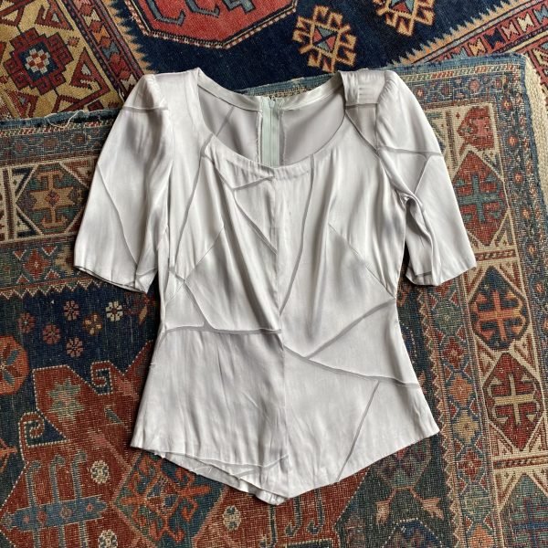 1980s Silver Satin Zip Back Vintage Blouse. XS/UK 8.