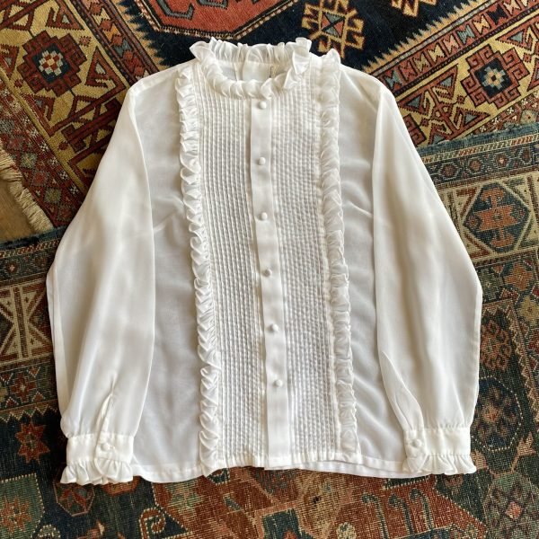 Late 70s/Early 80s Sheer Ruffle Front Vintage Blouse. UK 16.