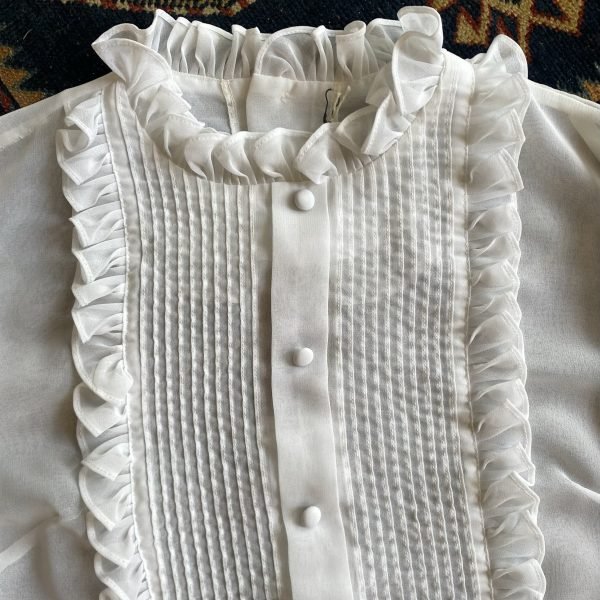 Late 70s/Early 80s Sheer Ruffle Front Vintage Blouse. UK 16. - Image 3