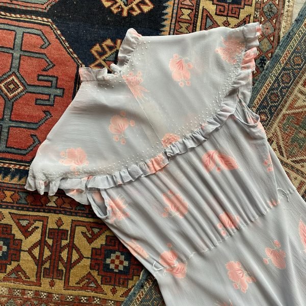1930s Floral Silk Chiffon Ruffle Detail Antique Slip Dress. UK 8-10. - Image 8