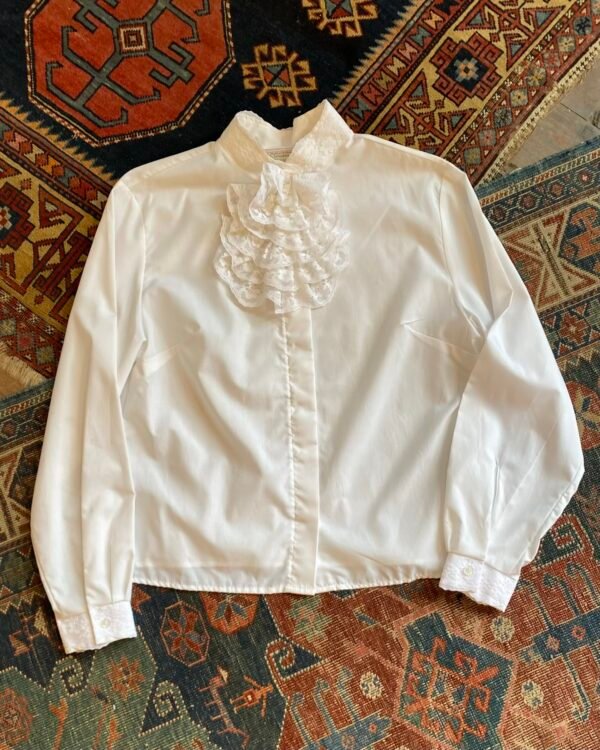 1980s Lace Ruffle Front Vintage Blouse. Large/ UK 16.