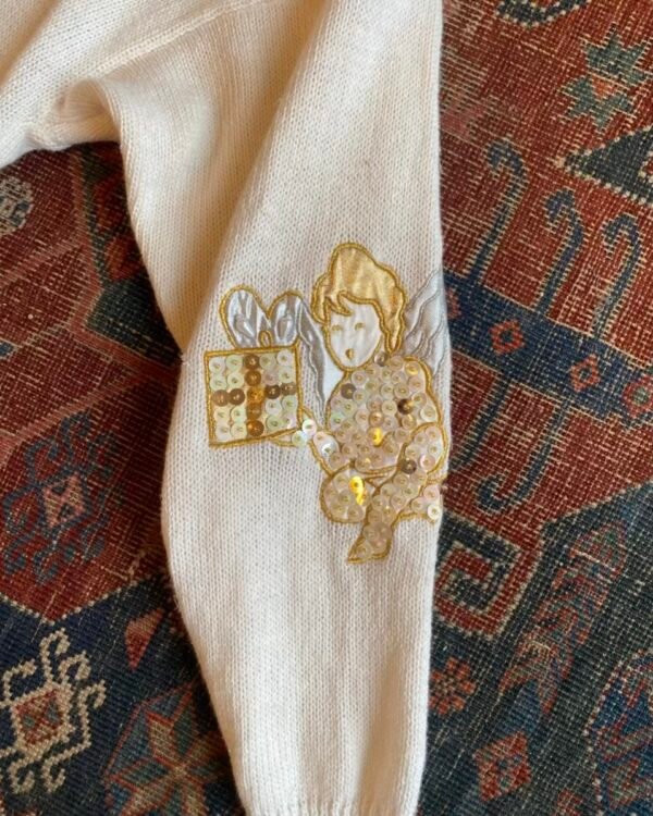 1980s Sequin Cherub Appliqué Vintage Cardigan. Size Large. - Image 4