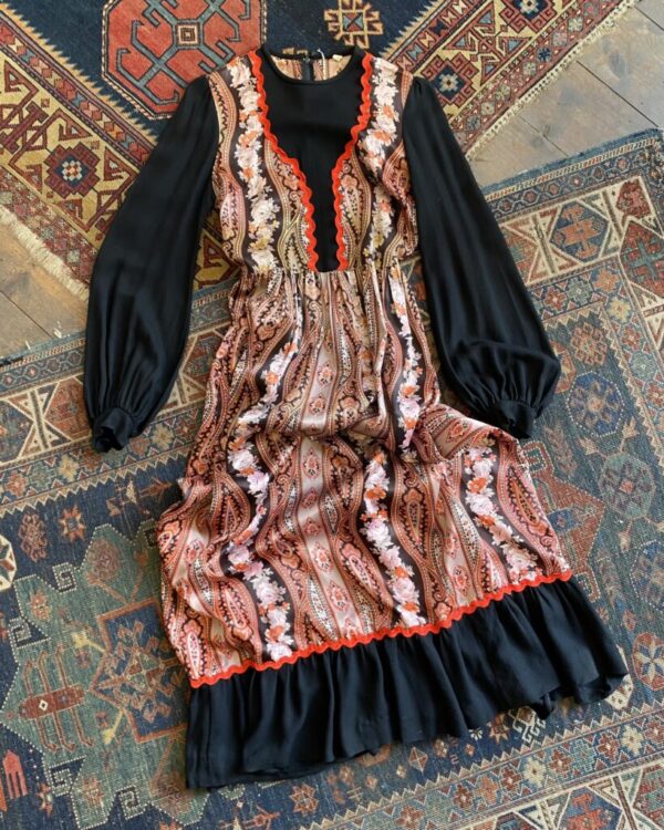 Late 1960s Paisley Satin Ric Rac Trim Vintage Maxi Dress. UK 10.