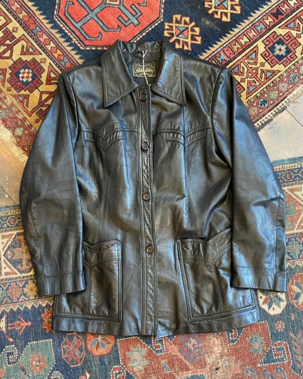 1970s Glossy Western Detail Vintage Leather Jacket. Size Medium.