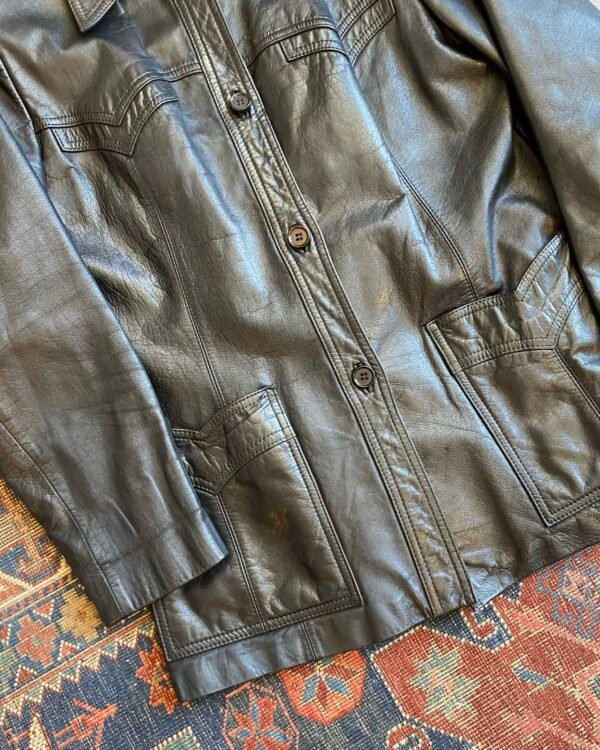 1970s Glossy Western Detail Vintage Leather Jacket. Size Medium. - Image 2