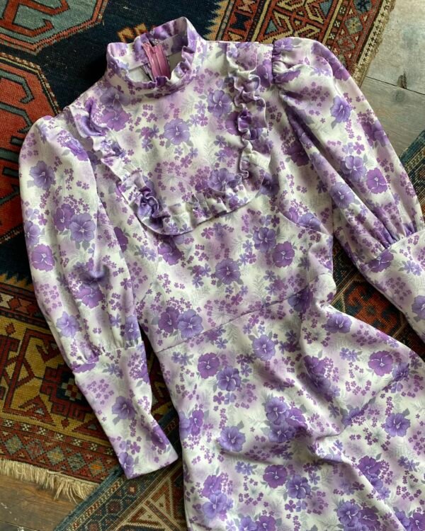 1970s Crimplene Floral Vintage Prairie Style Midi Dress. UK 8/XS. - Image 3