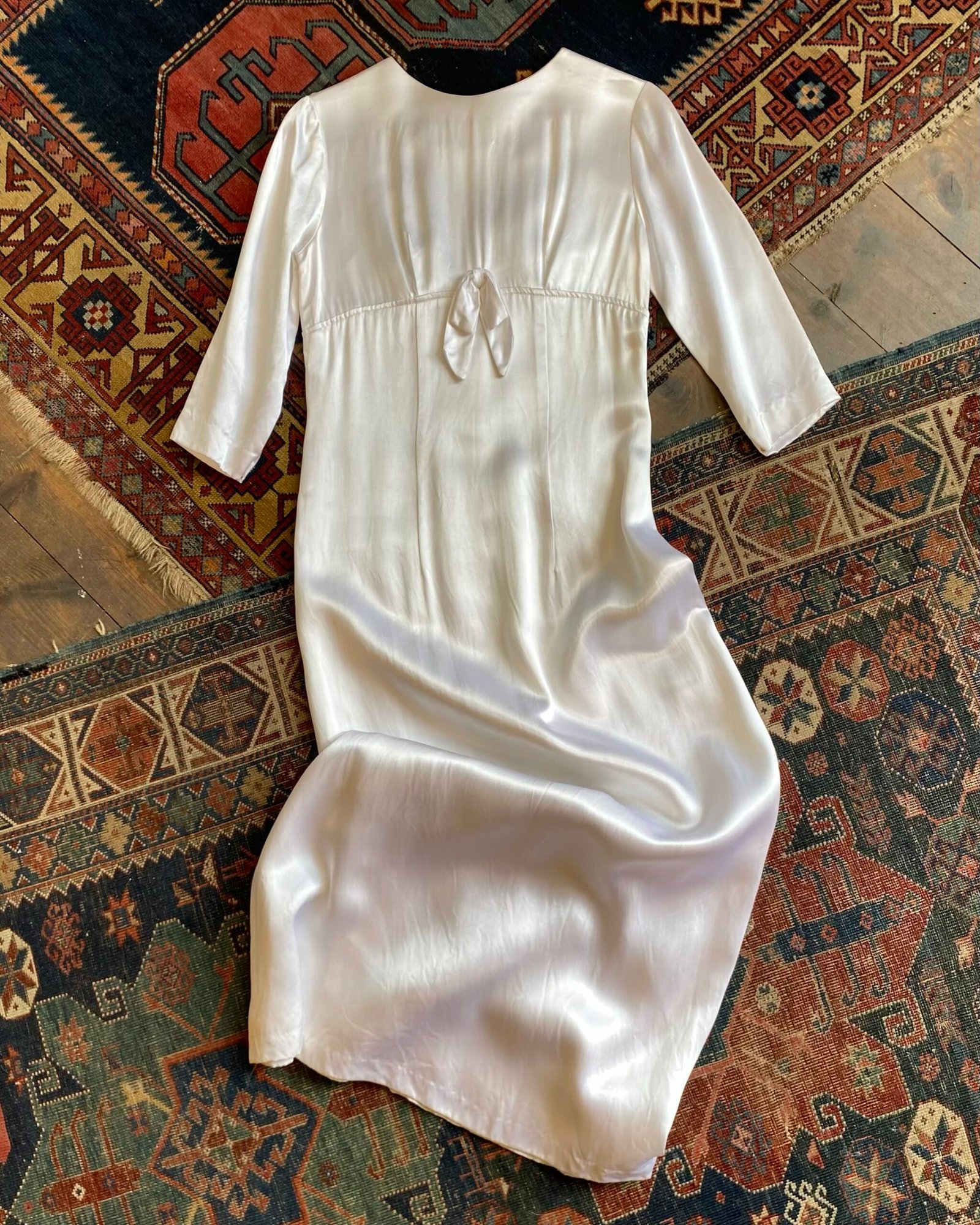 1960s Empire Line Pearl Satin Vintage Wedding Gown. UK 10.