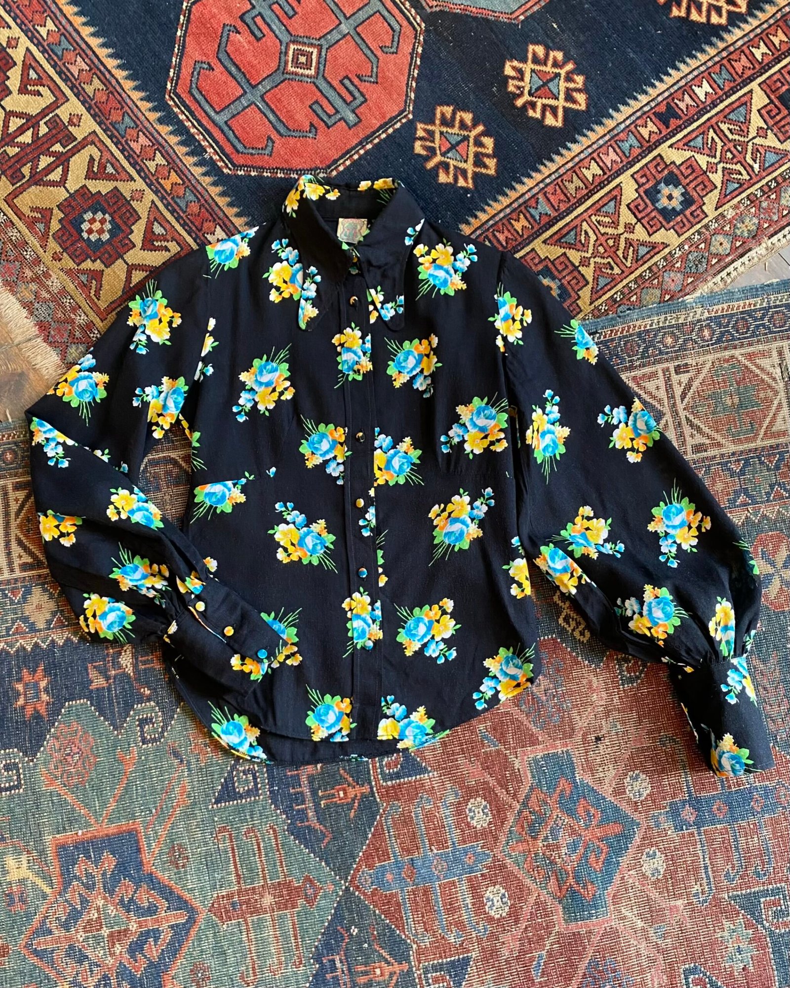 1970s Fiorucci Beagle Collar Bishop Sleeve Vintage Blouse. UK 8 to 10.