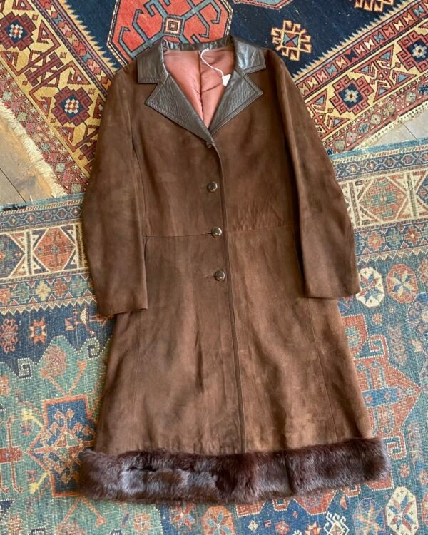 1970s Soft Suede & Coney Fur Trim Vintage Coat. UK 10-12.