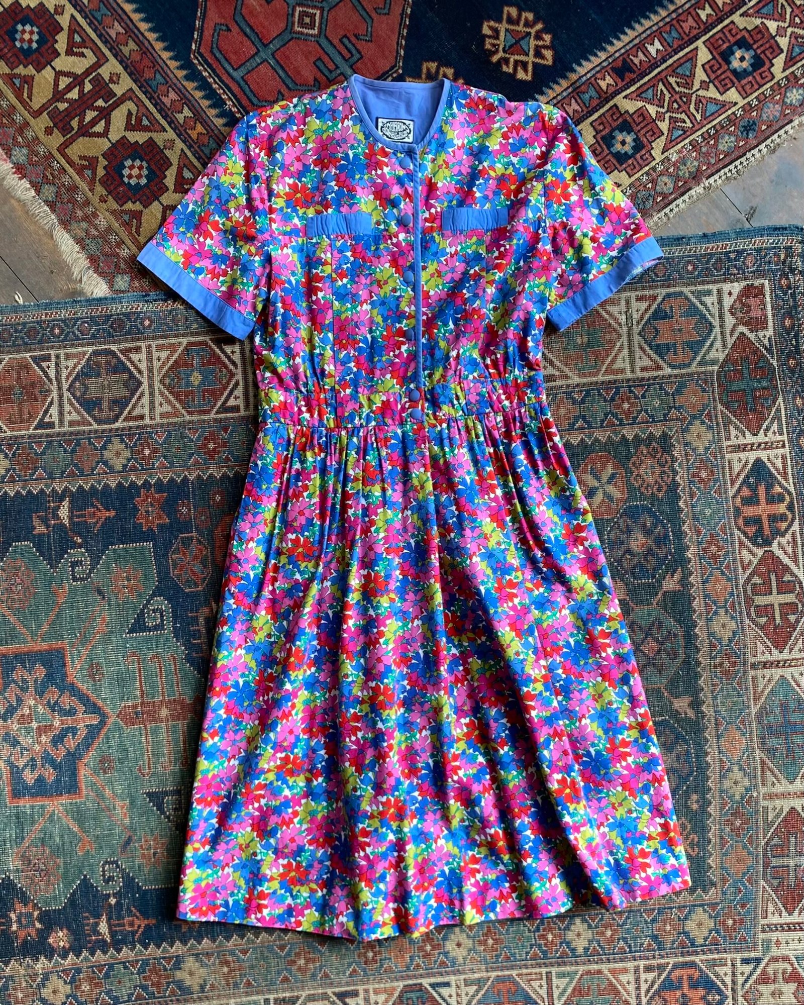 1970s/80s Marion Donaldson Bright Cotton Floral Vintage Dress. UK 12 to 14.
