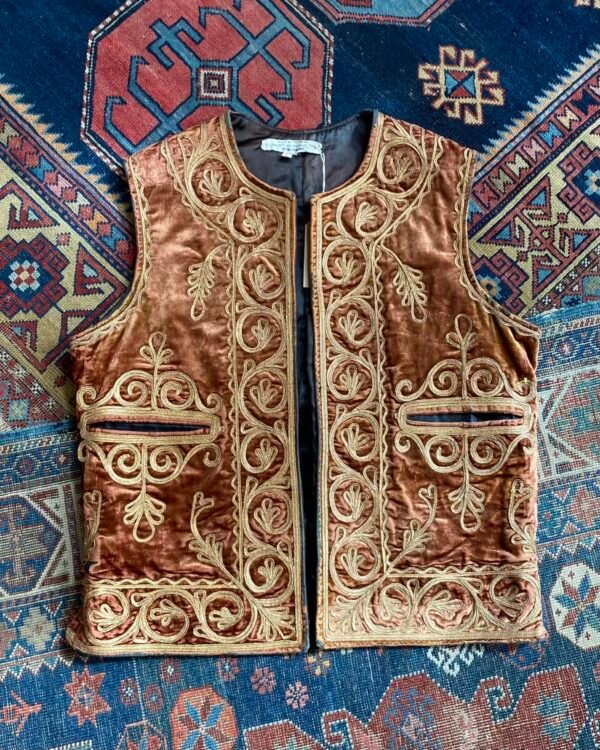 Mid 1970s Vintage Ottoman Style Gold & Bronze Velvet Waistcoat. 42” Chest/Large.