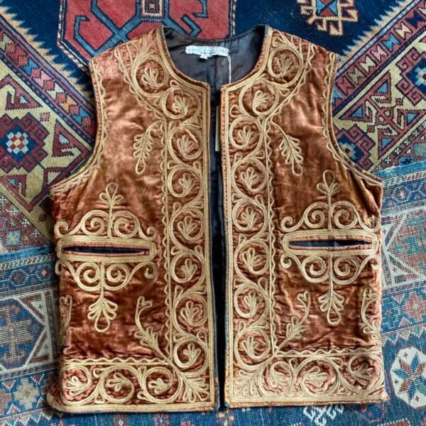 Mid 1970s Vintage Ottoman Style Gold & Bronze Velvet Waistcoat. 42” Chest/Large.