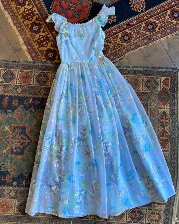 1970s Floaty Painterly Floral Vintage Maxi Dress. UK 6-8.