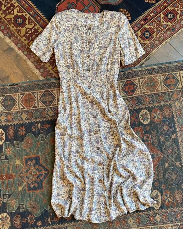 1980s Garden Florals Button Front Maxi Vintage Tea Dress. UK 12.