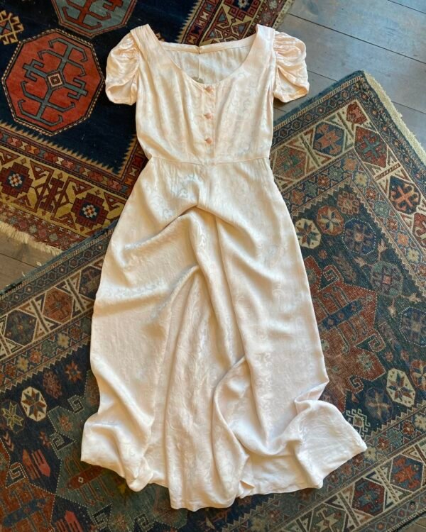 1950s Pale Pink Brocade Vintage Maxi dress. UK 12.