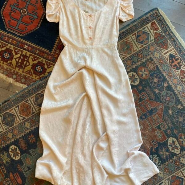 1950s Pale Pink Brocade Vintage Maxi dress. UK 12.