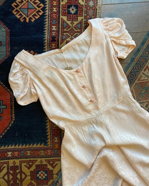 1950s Pale Pink Brocade Vintage Maxi dress. UK 12. - Image 2