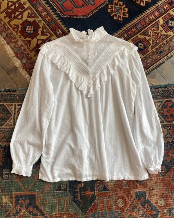 1970s Vintage Prairie Style French Cotton Blouse. UK 12.