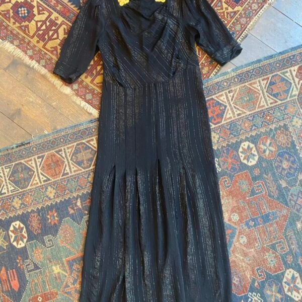 Antique 1930s Marcelle Rayon Lamé Stripe Dress w. Brass Dress Clips. UK 8.
