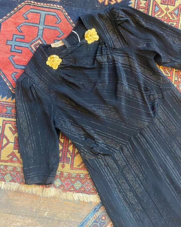 Antique 1930s Marcelle Rayon Lamé Stripe Dress w. Brass Dress Clips. UK 8. - Image 4
