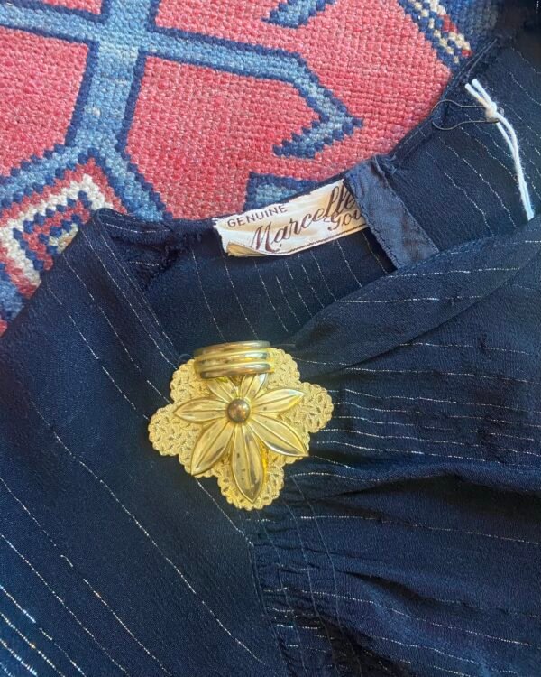 Antique 1930s Marcelle Rayon Lamé Stripe Dress w. Brass Dress Clips. UK 8. - Image 5