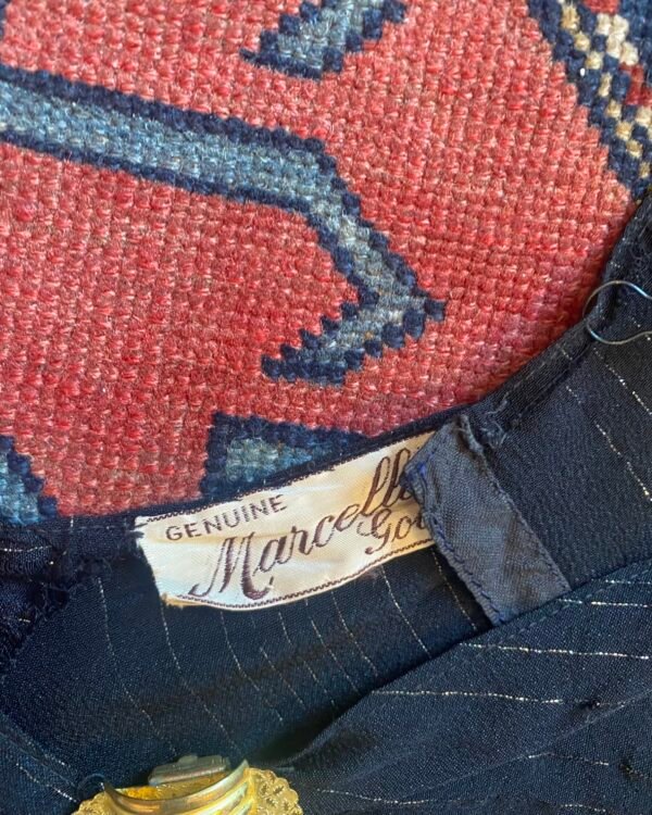 Antique 1930s Marcelle Rayon Lamé Stripe Dress w. Brass Dress Clips. UK 8. - Image 6