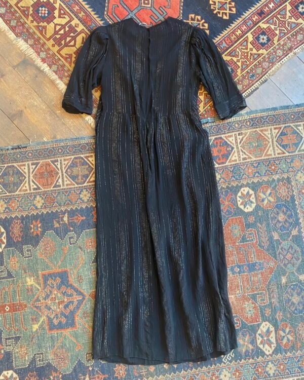 Antique 1930s Marcelle Rayon Lamé Stripe Dress w. Brass Dress Clips. UK 8. - Image 10