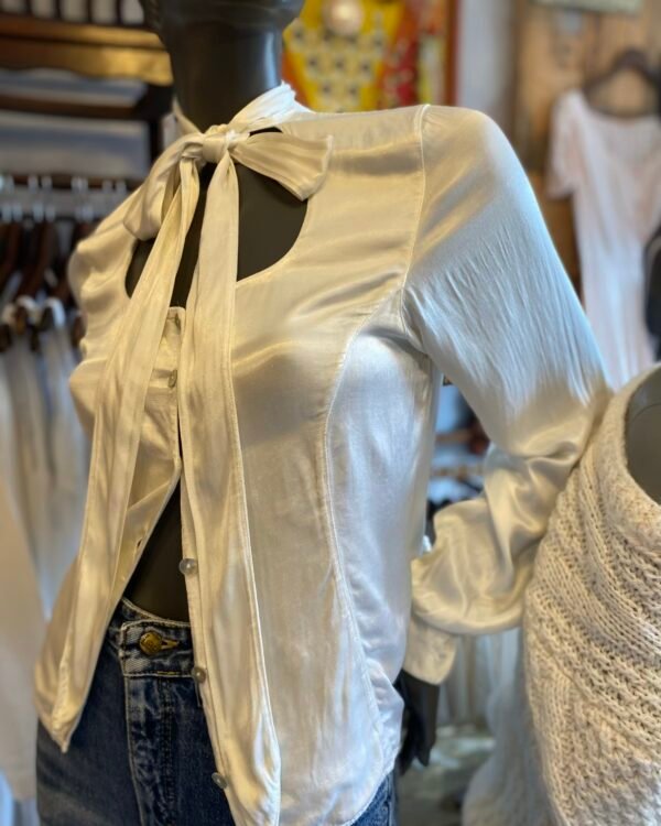 1990s Marina Avraam Tie Neck Satin Vintage Blouse. UK 10. - Image 6