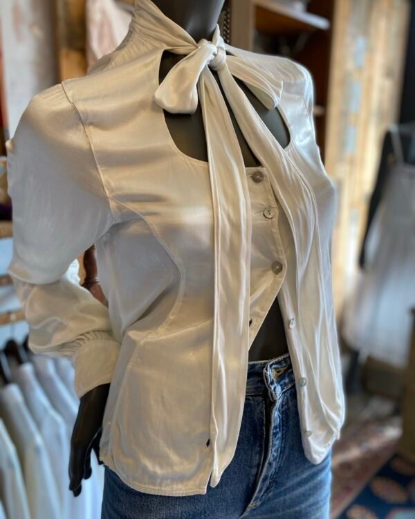 1990s Marina Avraam Tie Neck Satin Vintage Blouse. UK 10. - Image 7