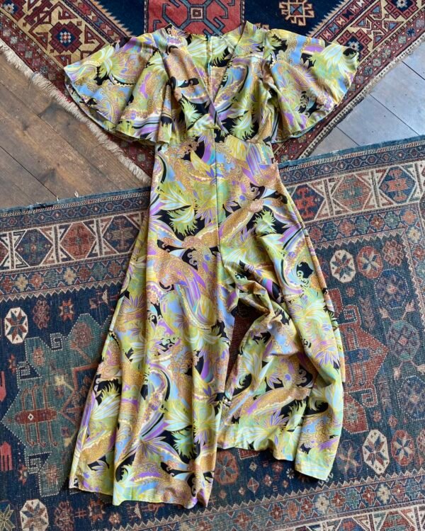 1970s Psychedelic Floral Flutter Sleeve Wide Leg Vintage Jumpsuit. UK 8-10.