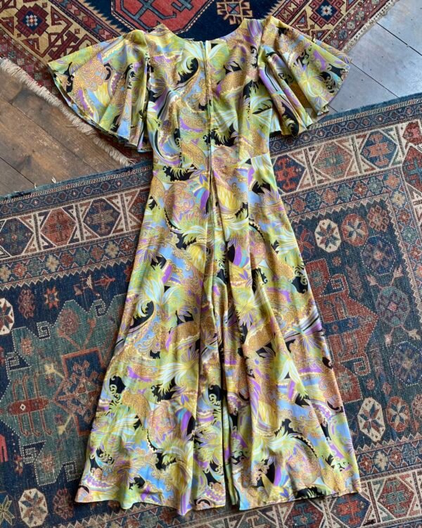 1970s Psychedelic Floral Flutter Sleeve Wide Leg Vintage Jumpsuit. UK 8-10. - Image 5