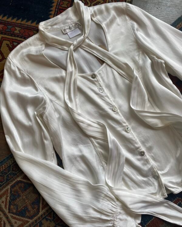 1990s Marina Avraam Tie Neck Satin Vintage Blouse. UK 10. - Image 2