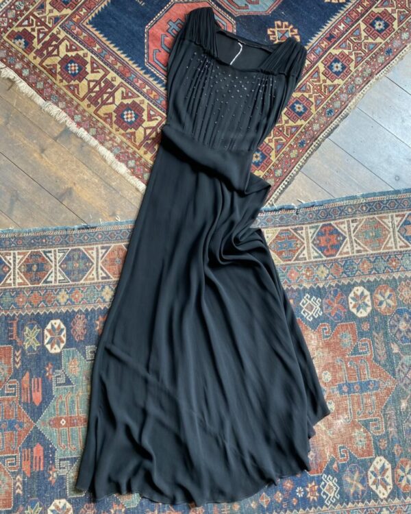 Late 30s/Early 40s Semi Sheer Crepe Beaded Bias Cut Vintage Evening Gown. UK 8.