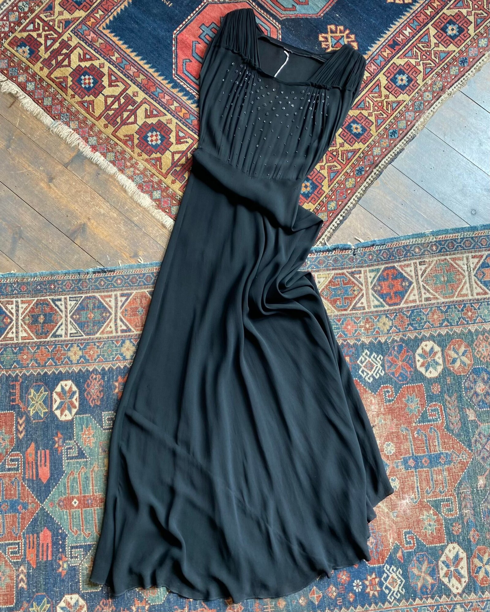 Late 30s/Early 40s Semi Sheer Crepe Beaded Bias Cut Vintage Evening Gown. UK 8.