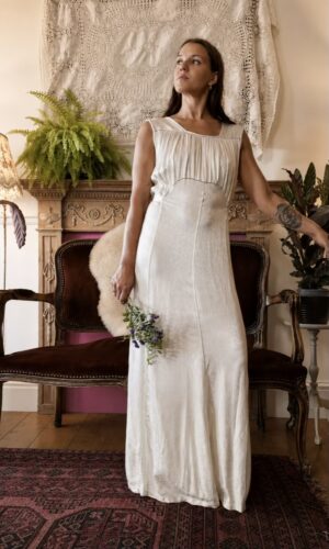 1930s Oyster Floral Jacquard Antique Slip Dress. UK 10.